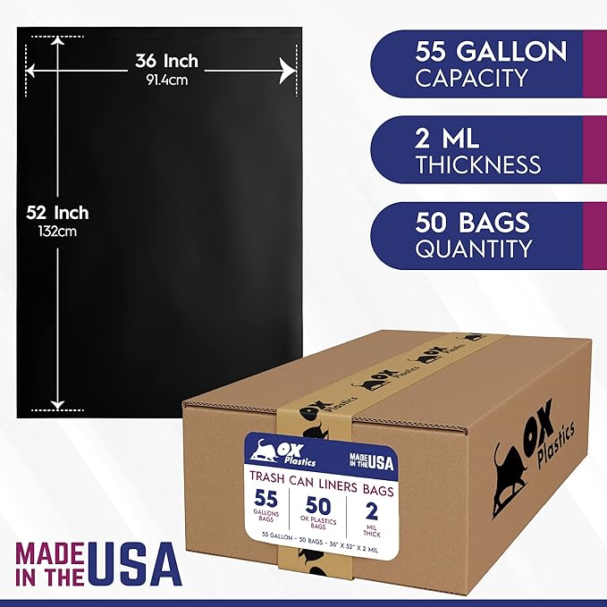 55 Gallon Trash Can Liners Bags - (50 Count) Capacity & 2mil Thick Extra Heavy Duty Strength - Large Garbage, Leak-Proof & Durable, House & Commercial Use Bags Black