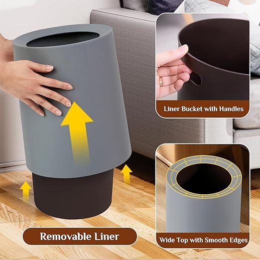 2 Pack Round Modern Trash Can Bedroom, 3Gal/12L Bathroom Trash Can Hidden Bag, Open Top Trash Bin Round Plastic, Minimalist Grey Garbage Can with Inner Bucket (with 2 Handles) for Kitchen Office