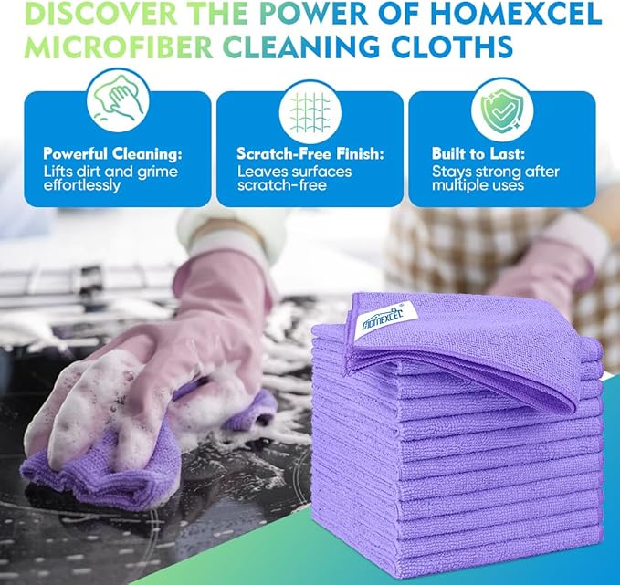 HOMEXCEL Microfiber Cleaning Cloth 12 Pack 12.5 x 12.5 Inch Microfiber Towels for Cars Ultra Absorbent Cleaning Rags Lint Free Cleaning Towels for Household Kitchen, Window Car Purple