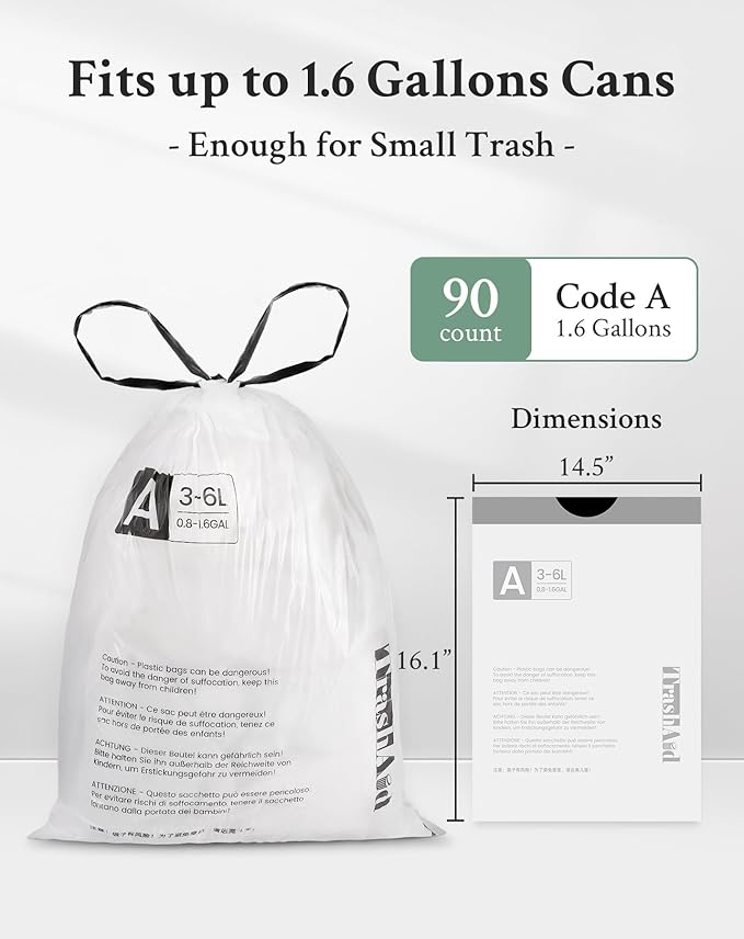 TrashAid 1.6 Gallon Small Trash Bags, 90pcs Mini Bathroom Garbage Bags, 6 Liter Waste Basket Liners for Bathroom, Office, Fit 0.8-1.6 Gal, White, Code A