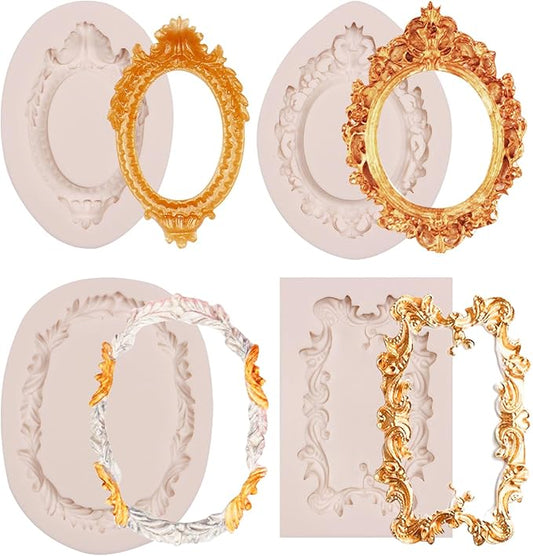 Picture Frame Fondant Molds, 4 Packs Vintage Baroque Mirror Silicone Molds for Chocolate Resin Clay Cake Decorating