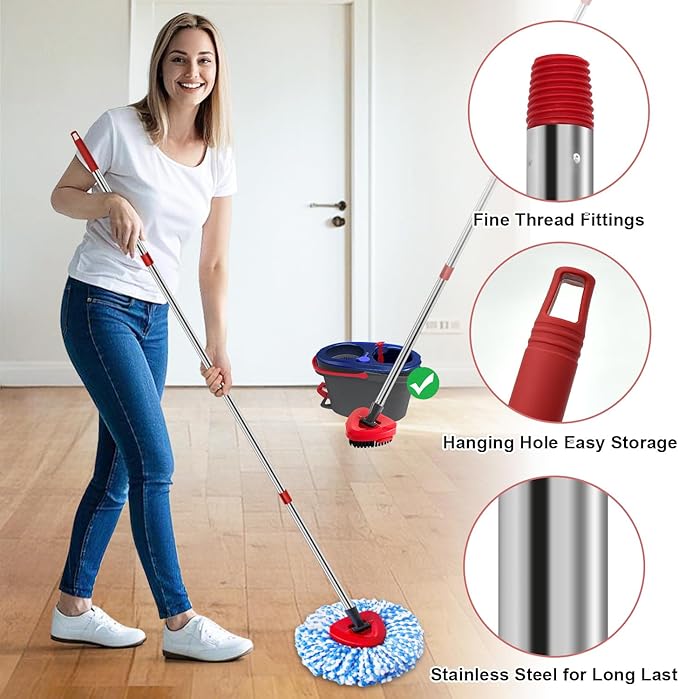 Spin Mop Handle Mop Heads and Base Replacement Sets Compatible with O Cedar EasyWring Rinseclean 2 Tank System, Flexible & Reusable(1 Sets Stainless Steel Handle & 2 Refills & 1 Base & 1 Scrub Brush)