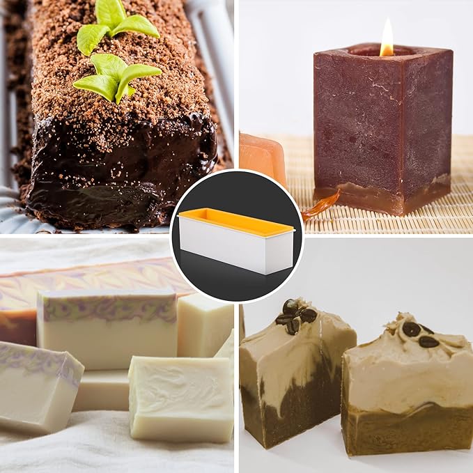 2 Pcs Loaf Soap Mold with Plastic Box, Flexible Silicone Rectangular Mold 42oz, Swirl Making Tool for DIY Soap, Handmade Candles, Resin Casting, Homemade Desserts (Yellow)