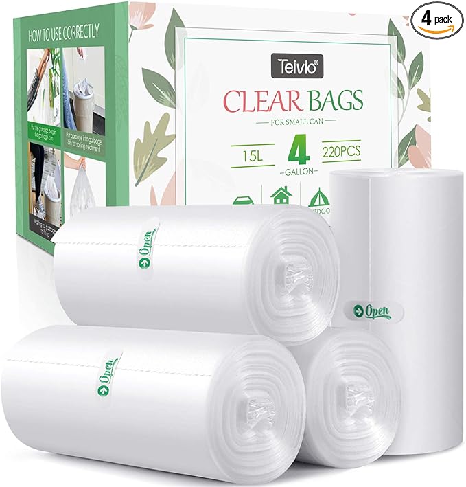 4 Gallon 220 Counts Strong Trash Bags Garbage Bags, Bathroom Trash Can Bin Liners, Small Plastic Bags for home office kitchen, fit 12-15 Liter, 3,3.5,4.5 Gal, Clear