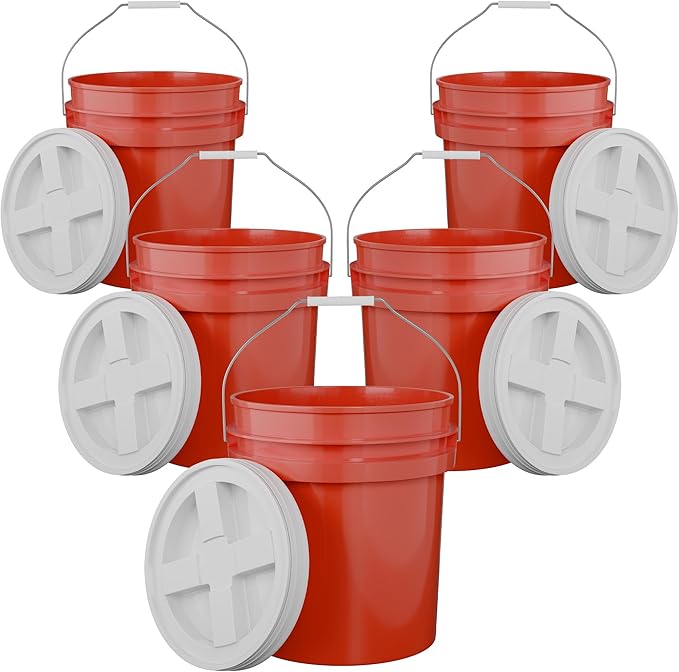 5-Gallon Red Bucket Pail with Gamma Seal Screw on Airtight Lid, Metal Handles with Plastic Grip for Easy Carrying, Easy Stack and Store, Heavy-Duty 90MIL Extra Durable, Food Grade, BPA Free - 5 Pack