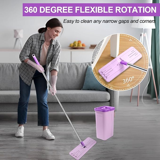Mop and Bucket with Wringer Set, Hands Free Flat Floor Mop and Bucket, 5 Washable Microfiber Pads Included, Wet and Dry Use, Home Floor Cleaning System for All Floor Types and Windows,Purple