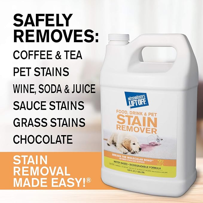 Motsenbocker's Lift Off 40601-4PK Food, Drink, and Pet Stain Remover Eliminates Tough Stains from Multiple Surfaces, Excellent as a Pre-Wash Laundry Treatment, Water-Based, 1 Gallon, Pack of 4