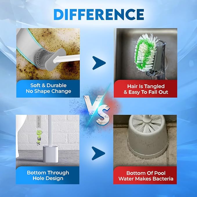 Silicone Toilet Brushes & Holders Set – Pack of 4 Wall Mounted Toilet Bowl Brushes White – Long Non-Slip Handle, Flexible Bristles for Easy Cleaning – Modern Toilet Scrubber Brush