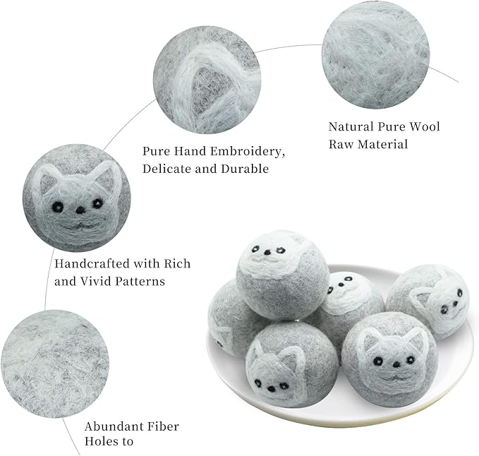 Dryer Balls Laundry Reusable, XL Wool Dryer Balls Cute, Fabric Softener Ball, Extra Large Dryer Balls with Animal Pattern, Shorten Drying Time, Organic Wool - Dry 1000+ Loads (Gray 6 Pack Dog Shapes)