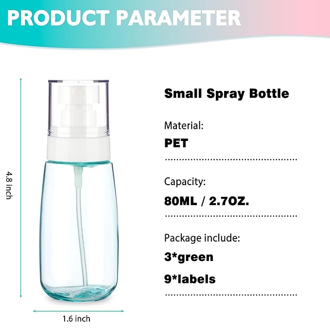 3 Pack 2.7oz/80ml Small Spray Bottle, Plastic Spray Bottles, Fine Mist Travel Spray Bottle for Hair and Face, with 9pcs Labels
