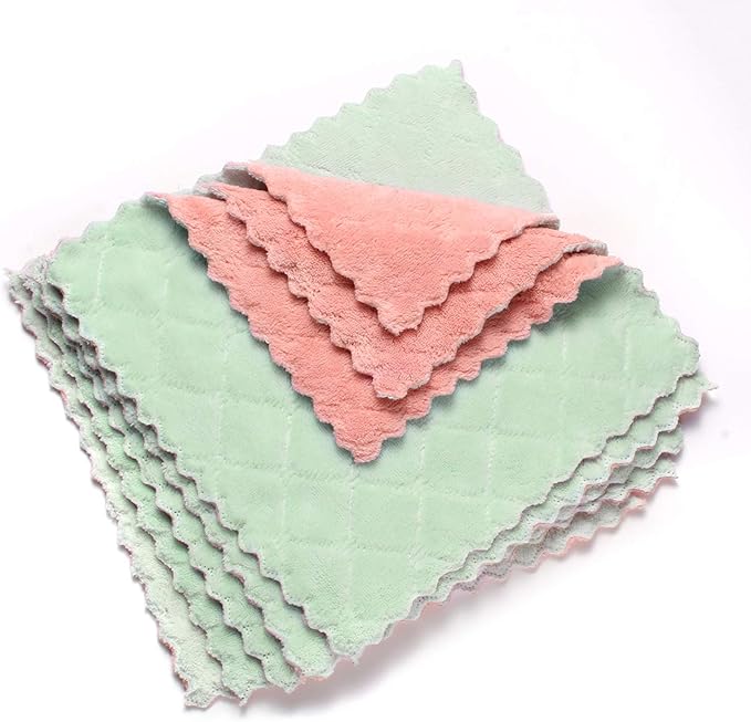Cleaning Cloths Kitchen Towels Microfiber Washcloths Lint Free Dish Cloth Reusable Dishtowels Household Super Absorbent Fast Drying, 10"x10", Pack of 5 (Pink-Green)