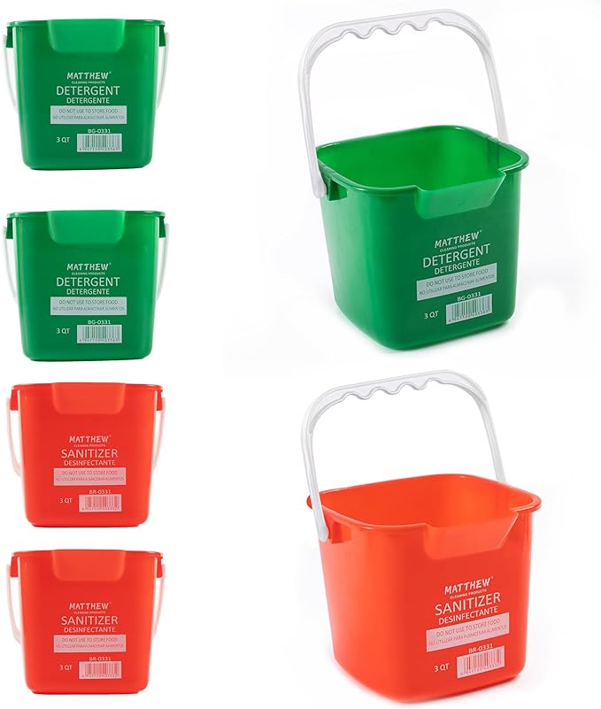 Matthew Detergent and Sanitizing Cleaning Bucket 3 Quart Plastic Pail,Set of 6 Square Containers,Built-in Spout w/Handle,Wash Rinse Sanitize Handwash Bucket for Home Office Commercial (Red&Green)
