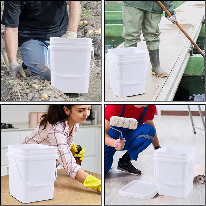 5 Gallon White Square Bucket with Lid and Handle, 4 Pcs Plastic Square Food Storage Pail with Handle