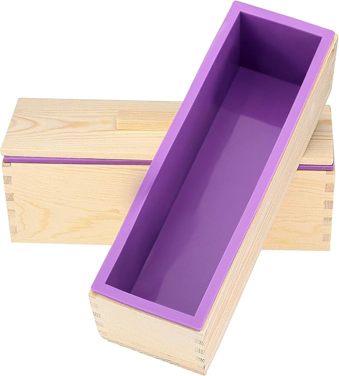 ZOENHOU 4 PCS 42oz Purple Soap Molds and 4 Wooden Lids, Flexible Rectangular Silicone Soap Making Molds Kit with Wood Box DIY Tool Set for Soap Making Supplies