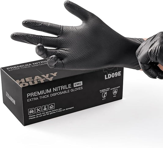 LANON Protection Heavy Duty Black Nitrile Gloves, Food Safe, Latex Free, Powder Free, Mechanic, Fully-Diamond Textured Grip Industrial Disposable Gloves, 8mil, Small