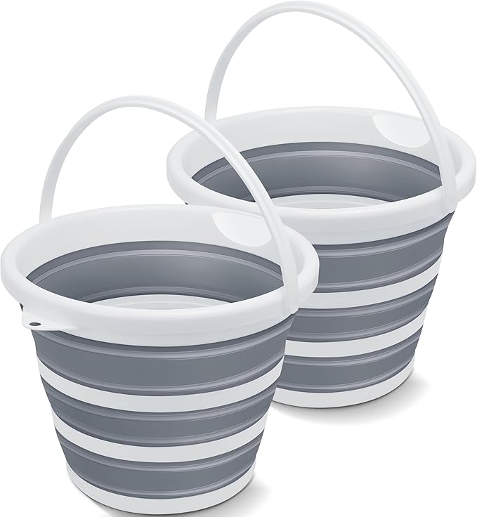 2 Pack Collapsible Bucket, 2.6 Gallon (10L) - Foldable Mop Bucket for House Cleaning, Car Washing, Camping - Portable Water Pail for Outdoor, RV, Travel (Grey, Round)