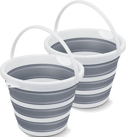 2 Pack Collapsible Bucket, 2.6 Gallon (10L) - Foldable Mop Bucket for House Cleaning, Car Washing, Camping - Portable Water Pail for Outdoor, RV, Travel (Grey, Round)