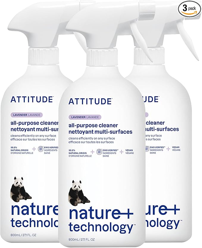 ATTITUDE All Purpose Cleaner Spray, EWG Verified, Vegan, Made with 94% Plant-Based Ingredients, Streak-Free for Kitchen, Bathroom, Glass & More, Lavender, 27.1 Fl Oz (Pack of 3)