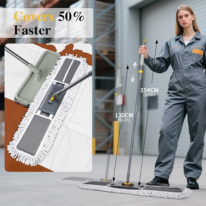 Masthome 36" Commercial Mop, Heavy Duty Industrial Floor Mop with 3 Microfiber Pads, 60" Adjustable Large Dust Mop,Wet Dry Flat Mops for Office Garage Warehouse Factory Mall