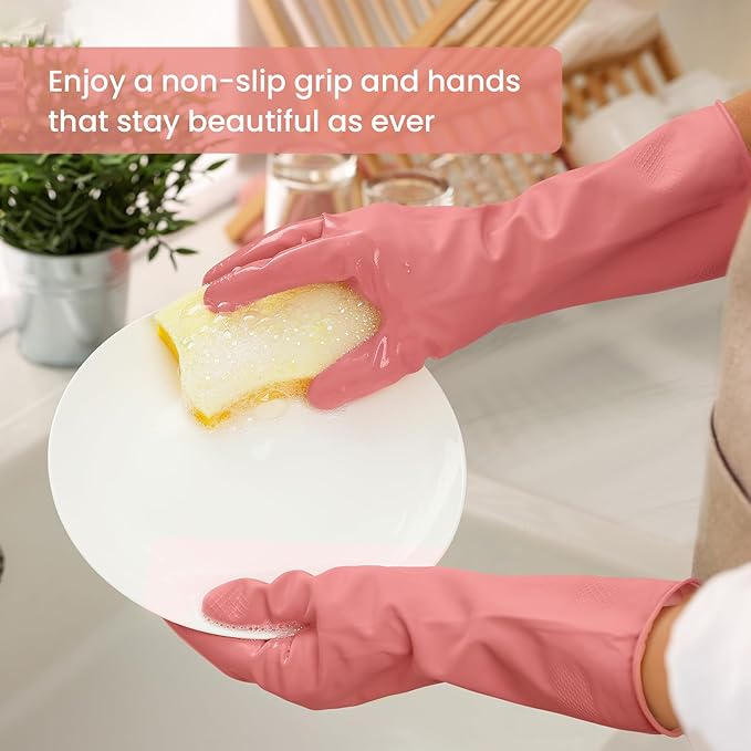 Rubber Cleaning Gloves for Dishwashing, 4 Pairs Reusable Kitchen Gloves for Washing Dishes and Household Cleaning, Pink Dish Gloves with Flocked Lining and Non-Slip Grip, Pefect for Woman Men - M