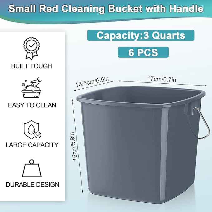Zhehao 6 Pcs 3 Quart Cleaning Bucket Small Detergent Square Bucket Sanitizing Plastic Pail with Handles Square Cleaning Pail for Home, Offices, School, Commercial Use, Food Service (Gray)