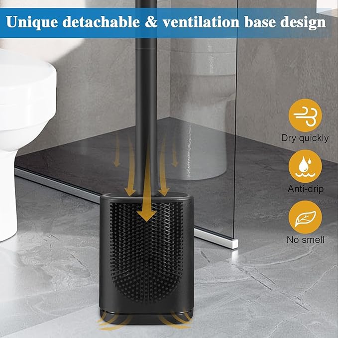 Silicone Toilet Brush and Holder Bendable Efficient Cleaning Wall Mounted Toilet Bowl Brush with Long Handle Brush Head and Silicone Bristles No Rusty Handles Problem (Black)