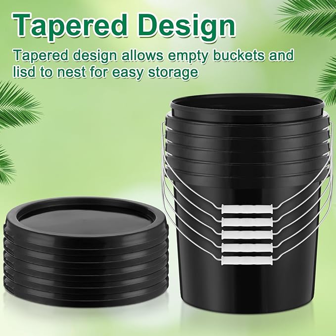Tioncy 10 Pcs 2 Gallon Plastic Bucket with Lid Heavy Duty 2 Gallon Bucket Pail with Lid Handle for Storage Container Home Household Cleaning (Black)