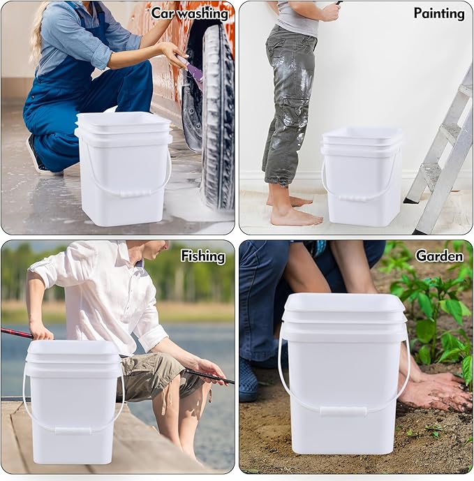 Teyyvn 5 Gallon Plastic Square Bucket with Lid and Handle, 4 Pack White Square Food Bucket Pail Container