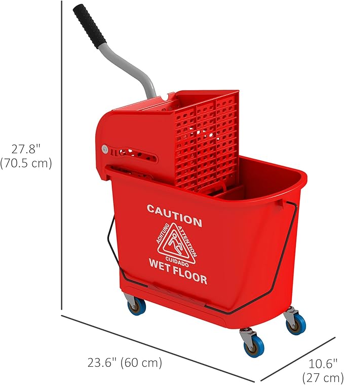 HOMCOM Compact Mop Bucket with Wringer on Wheels for Floor Cleaning, 21 Quart, Separate Dirty and Clean Water, for Home, Apartment, Red