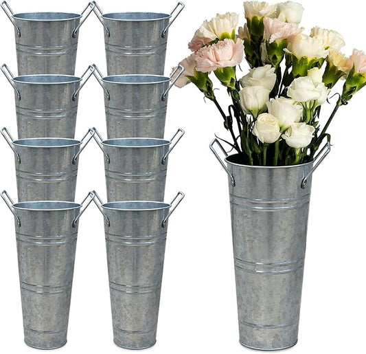 9 Inch Galvanized Metal Vases Farmhouse French Flower Bucket Vases for Cut Flowers, 8 Pcs Farmhouse Decorative Tall Flower Bucket with Handles for Table Weddings Home Decor (Silver, 8 Pcs 9inch)