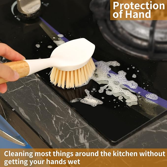 2 Pack Kitchen Dish Brush Bamboo Handle Dish Scrubber Built-in Scraper, Scrub Brush for Pans, Pots, Kitchen Sink Cleaning, Dishwashing and Cleaning Brushes are Perfect Cleaning Tools, White