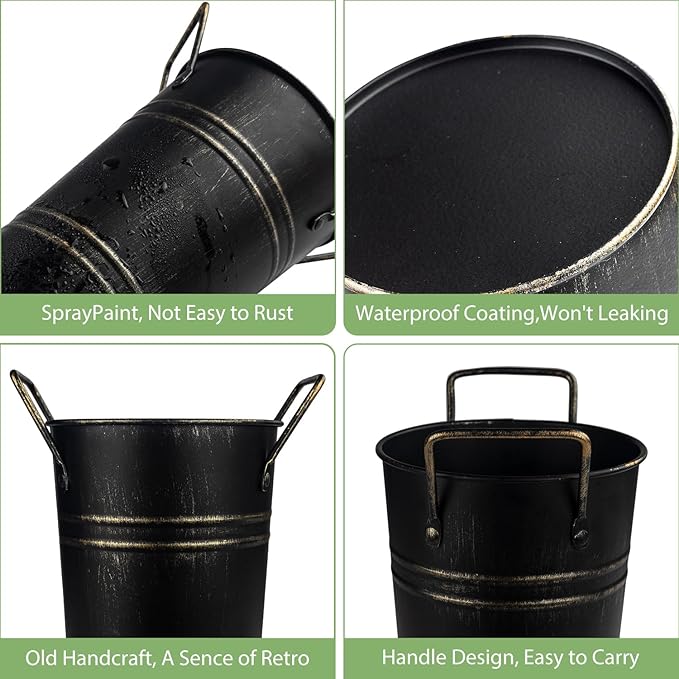 8 Pcs Galvanized Bucket Flower Bar, 9 Inch Flower Bucket and Metal Vase with Handles, Flower Bar Supplies and Buckets Farmhouse Vases for Wedding and Cut Flower (Black, 8 Pcs 9inch)
