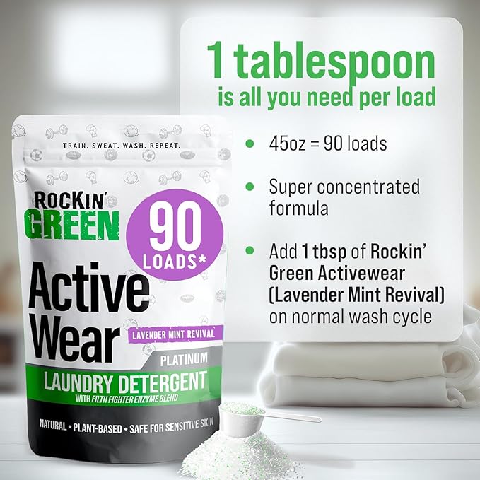Rockin' Green Laundry Detergent, Plant based, All Natural Laundry Detergent Powder, Vegan and Biodegradable Odor Fighter, Safe for Sensitive Skin (Active Wear 90 Loads - Lavender Mint)