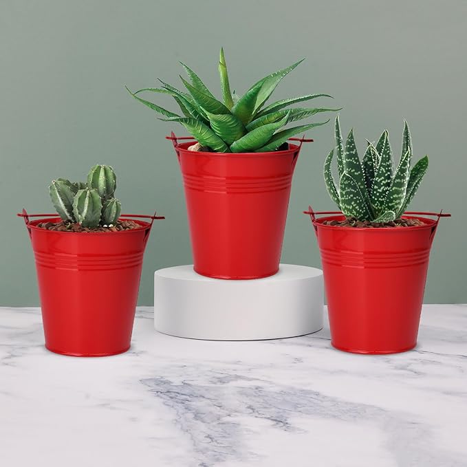 18 Pack 4 Inch Red Mini Metal Bucket, Elegant Galvanized Buckets with Handles, Tin Buckets, Small Iron Bucket, Mini Metal Pail for Party Favors, Crafts, Garden & Beach