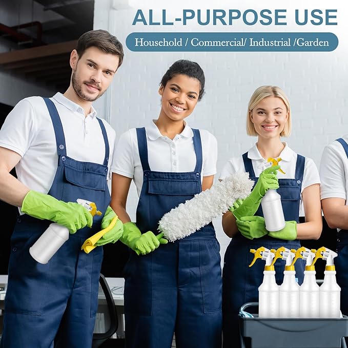 Zubebe 24 Pack 32 oz Plastic Spray Bottle Bulk Empty Leakproof Heavy Duty Spray Bottles for Cleaning Supplies Mist Bottles with Label and Adjustable Nozzle for Plant(Yellow,Clear Scale)