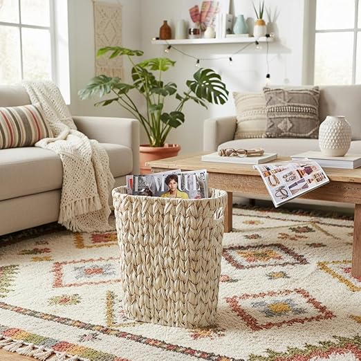 Wicker Trash Can,Bathroom Trash Can,Waterproof Wicker Waste Basket for Bathroom,Narrow Small Waste Basket for Bedroom,Office, Cream White 5 Gallon