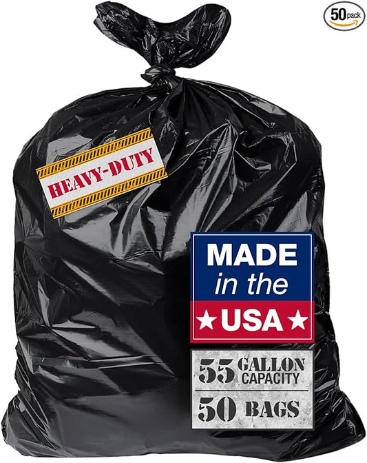 Extra Heavy Duty Black Contractor Garbage Bags 55 Gallon, 50 Trash Bags, Construction Grade, 3 mil, Made in USA