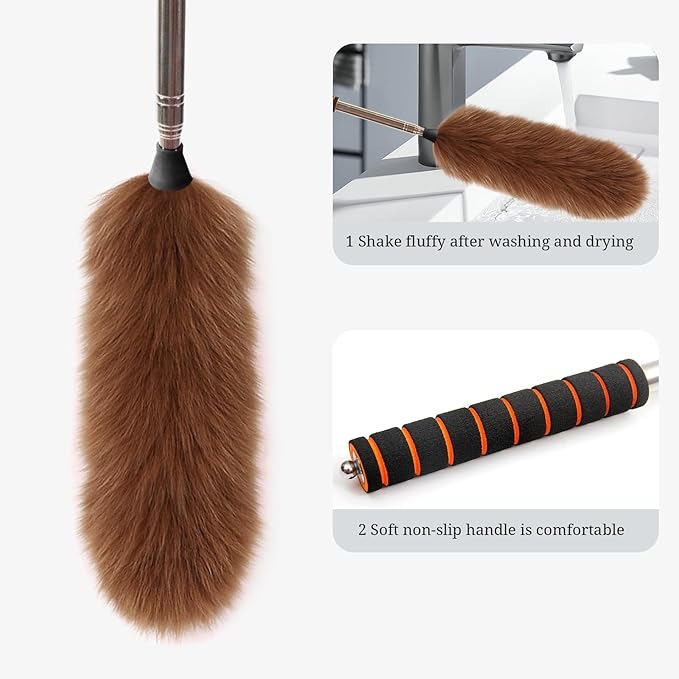 Lambs Wool Extendable Household Cleaning Duster 64" Wall Duster Cleaner with Stainless Steel Long Handle and Extension Pole for Cleaning High Ceiling Fan Interior Roof, Brown