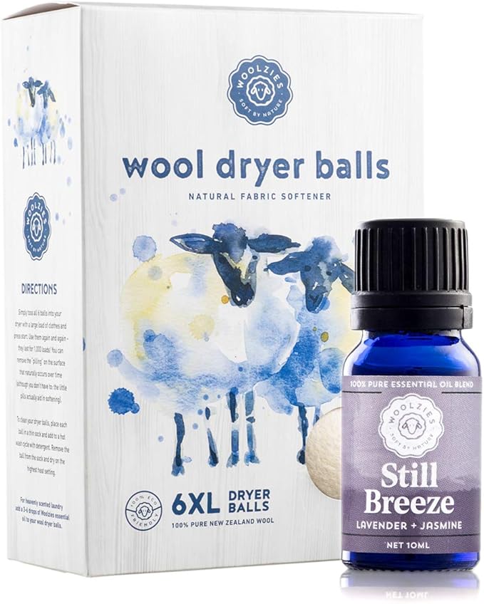 Woolzies Wool Dryer Balls Organic: 6 XL Laundry Balls for Dryer + 10 ml Still Breeze Essential Oil Combo for use as 100% Pure and Natural Fabric Softener | Best Scented Wool Balls Laundry