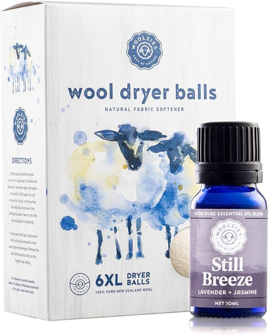 Woolzies Wool Dryer Balls Organic: 6 XL Laundry Balls for Dryer + 10 ml Still Breeze Essential Oil Combo for use as 100% Pure and Natural Fabric Softener | Best Scented Wool Balls Laundry