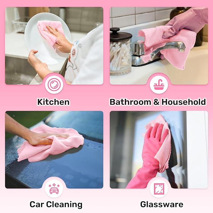 Microfiber Cleaning Cloths Roll, 75 Pack Tear Away Microfiber Towels Roll, 12" x 12" Lint Free Rags, Reusable Cleaning Cloths, Washable, Scratch Free,Ultra Absorbent Dish Rags(Pink)