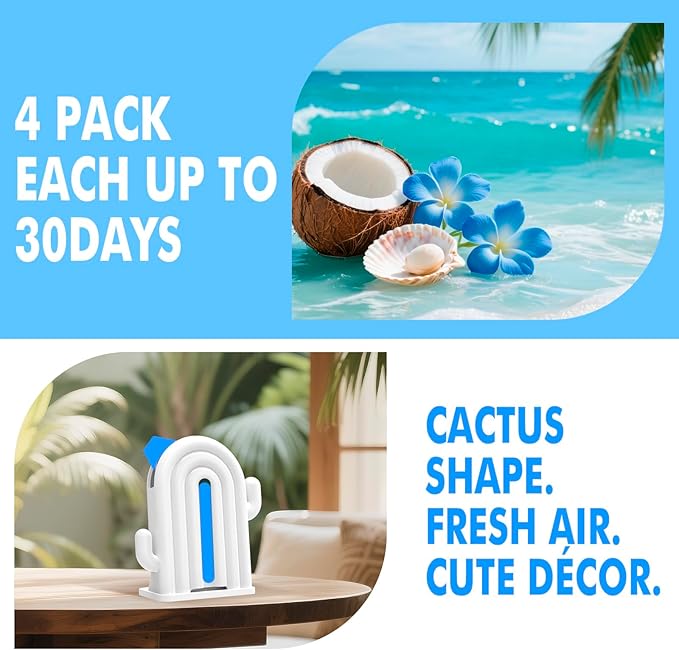 Air Freshener for Home, 2 Pack, 2 Refill, Ocean Scent, Odor Eliminator, Up to 120 Days, Cactus-shaped Freshener for Closet Bathroom, Cute Home Decor, White