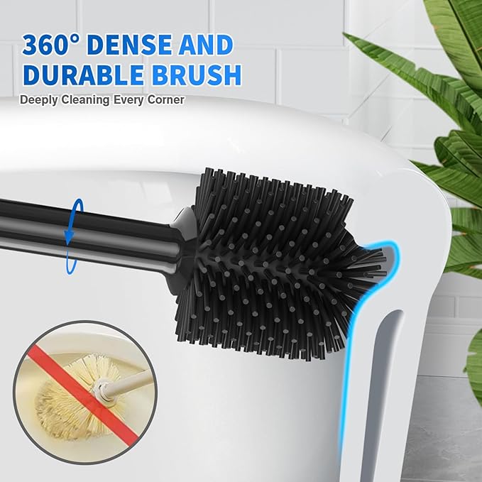 Toilet Plunger and Brush, Silicone Bowl Brush and Heavy Duty Toilet Plunger Set with Ventilated Holder, 2-in-1 Toilet Brush and Plunger Combo for 5.3-inch Toilet Drain Bathroom Cleaning