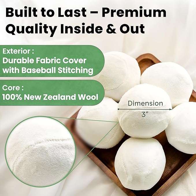 Wool Dryer Balls - Lint-Free - 6XL Pack - 1000+ Loads - Premium Natural Fabric Softener - Reduces Drying Time & Static - Includes Essential Oil - with Storage Bag