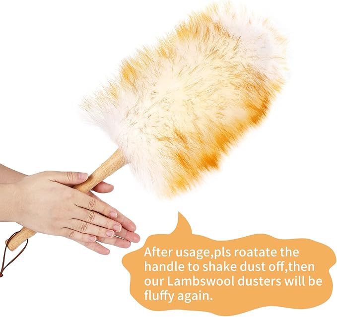Lambs Wool Duster with Solid Bamboo Handle,Leather Hang Strap,18.9 inch Long,Natural Feather Duster for Cleaning Ceiling Fans,Window Blinds,Computer Screens,Bookshelves etc