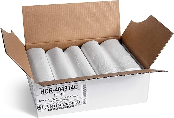 Aluf Plastics High Density Trash Bags, 45 Gallon, 250 Count, 14 Micron (eq), 40" x 48", Clear, for Bathroom, Office, Industrial, Commercial, Janitorial, Municipal, Recycling