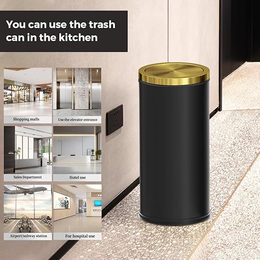 30L/8GAL Gold Brass Kitchen Trash Can,Tall Commercial Garbage Can with FILP Lid,Black and Gold Trash Can for Kitchen,Shopping mall,Elevator gate,Airport, Hotel,Commercial (Black)