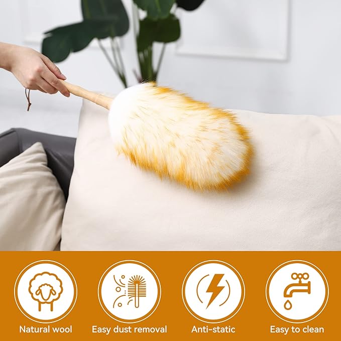Lambs Wool Duster with Solid Bamboo Handle,Leather Hang Strap,18.9 inch Long,Natural Feather Duster for Cleaning Ceiling Fans,Window Blinds,Computer Screens,Bookshelves etc