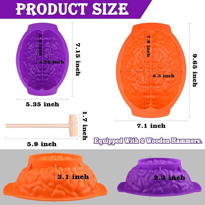 Sakolla Silicone Brain Molds, 2 PCS Halloween Realistic Human Brain Baking Molds for Chocolate Bomb, Jelly, Cake, Gelatin, Candle and Resin