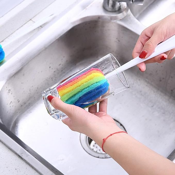 Bottle Brush Cleaner 4PCS Sponge Cleaning Brushes Long Handle Scouring Pad Scrub Brushes for Kitchen Clean Baby Bottle Glasses Mugs Cups (4 Colorful Brush+4 Nipple Brush)
